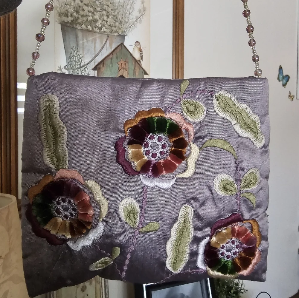 Moyna Purple Floral Embroidered Bag With Beaded Strap, Whimsy, Fairy - Picture 2 of 10